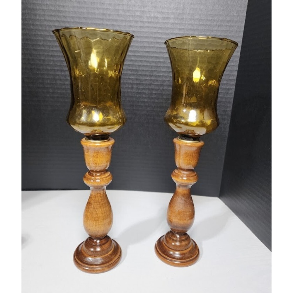 Pair Vintage Retro Maple Candle Holders With Amber Colored Glass Votive Inserts